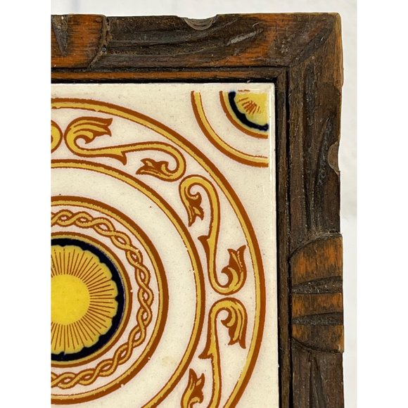 Mexican Tile Trivet Hand Carved Wood Frame With Feet 70s Plant Stand Bohemian - Picture 3 of 8